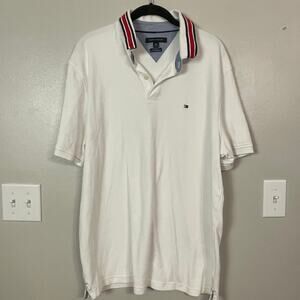 White Tommy Hilfiger Polo Shirt Striped Collar Logo XL Custom Fit Top